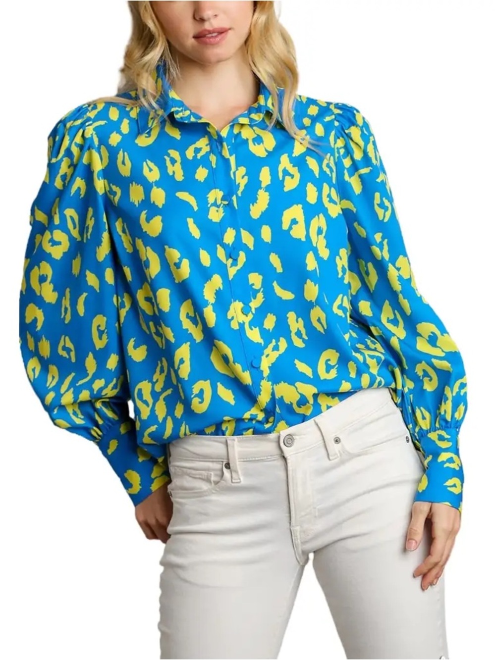 NWT Umgee Bright neon Blue & Yellow Leopard print button up shirt small medium